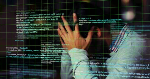Bearded developer opening code overlay on green grid and interlacing fingers Stock Footage 316191387