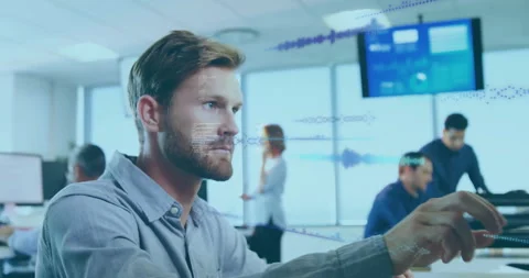 Bearded developer working in technology office, with floating code snippets and Stock Footage 309111849