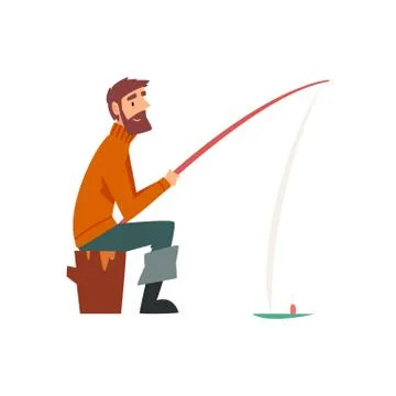 Bearded Fisherman Character Sitting on Shore with Fishing Rod Vector  Illustration #106083740