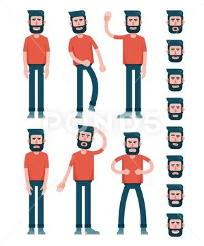 Bearded flat man character in T-shirt Stock Illustration