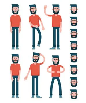 Bearded flat man character in T-shirt Stock Illustration