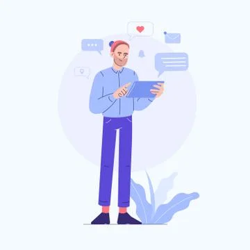 A bearded guy that wears red hat, standing and holding blue tablet, surfing i Stock Illustration