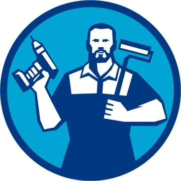Bearded Handyman Cordless Drill Paintroller Circle Retro Stock Illustration