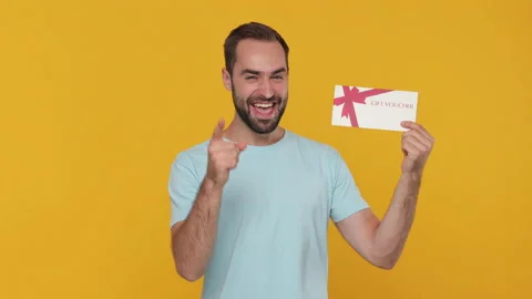 Bearded happy fun young man 20s in basic casual blue t-shirt look camera with Stock Footage 148291528