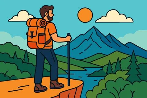 Bearded hiker with backpack and trekking poles on cliff overlooking valley Illustrazione stock