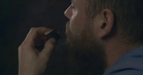 Bearded Hipster Man Combing His Beard And Mustache With A Wooden Comb. Cinema 4k Stock Footage 122552433