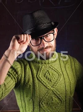 Bearded hipster man in the hat Stock Photos
