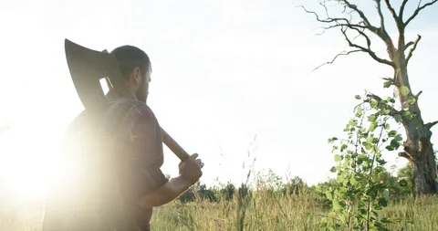 A bearded lumberjack with a large ax examines the tree before felling. the Stock Footage 127398389