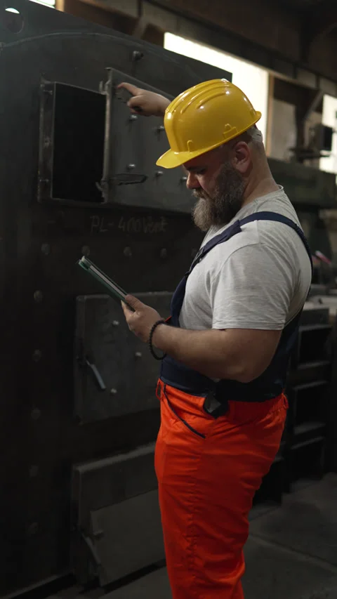 Bearded male engineer checking industrial furnace machine Stock-Footage 334723363