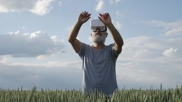 Bearded male using 3D glasses in green field Video stock 85929536
