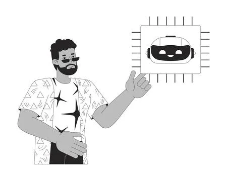 Bearded man with AI microchip black and white 2D line cartoon character Stock Illustration