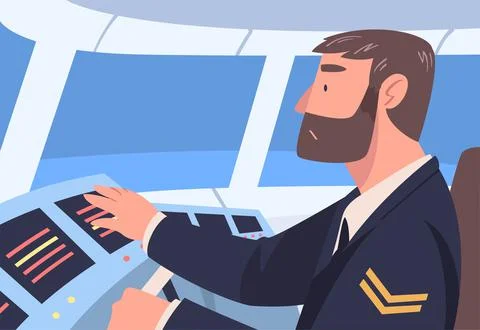 Bearded Man Aircraft Pilot or Aviator Sitting Inside Airplane Cabin at Control Stock Illustration