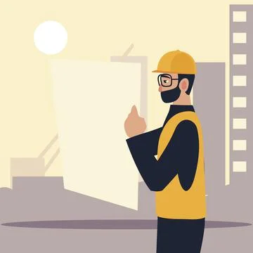 Bearded man architect working with blueprints in office Stock Illustration