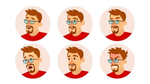 Bearded Man Avatar Vector. Character Business People Avatar. Face Emotions Set 库存插图