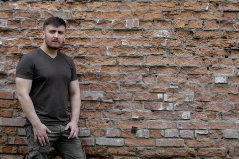 Bearded man on a background of a brick wall. Stock Photos