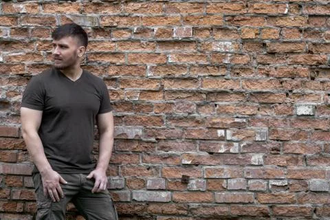 Bearded man on a background of a brick wall. Stock Photos