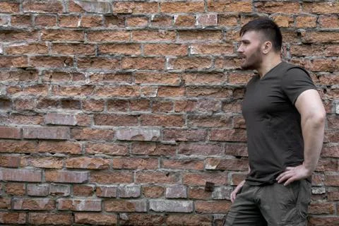 Bearded man on a background of a brick wall. Stock Photos