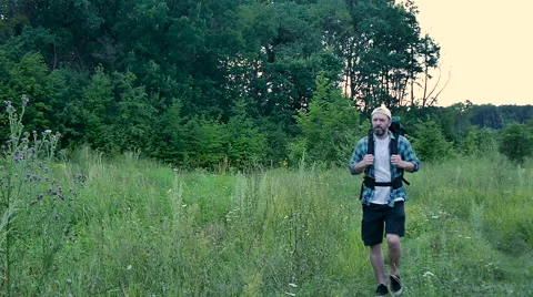 A bearded man with a backpack walking on a forest glade Stock Footage 65482928