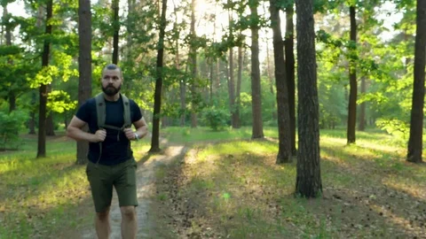 A bearded man with a backpack walks along a forest path. Stock Footage 90593833