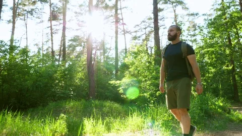 A bearded man with a backpack walks through the forest. Stock Footage 90593115