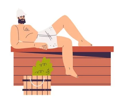 Bearded Man Bathing in Sauna and Taking Steam Bath Vector Illustration Stock Illustration