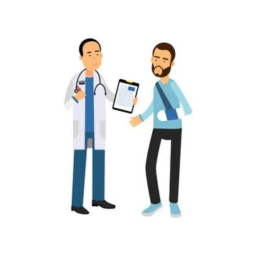Bearded man with broken arm visiting traumatologist doctor cabinet in hospital Stockillustratie