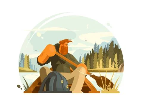 Bearded man in canoe Stock Illustration