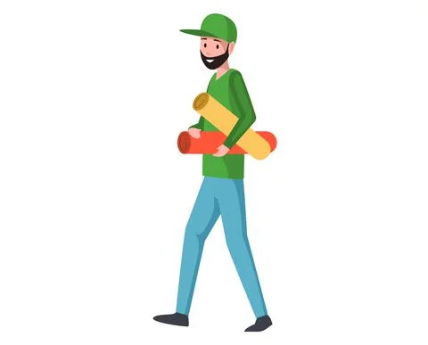 Bearded man carries large format sheets of colored whatmans. Printing worker Illustrazione stock