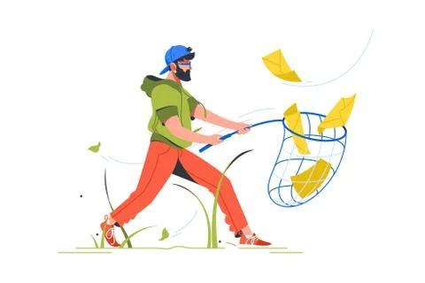 Bearded man cathing mail with notification setting using butterfly net. Stock Illustration