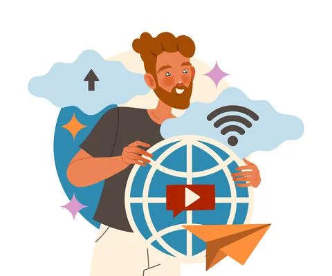 Bearded Man Character with Browser Sign Working with Information Analyzing and Stock Illustration