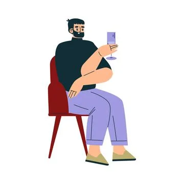 Bearded Man Character in Cafe Sitting on Chair with Glass Vector Illustration Stock Illustration