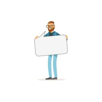 Bearded man character with empty message board, speech bubble vector Illustrazione stock