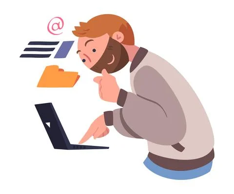Bearded Man Character with Laptop Working with Information Analyzing Data and Illustrazione stock