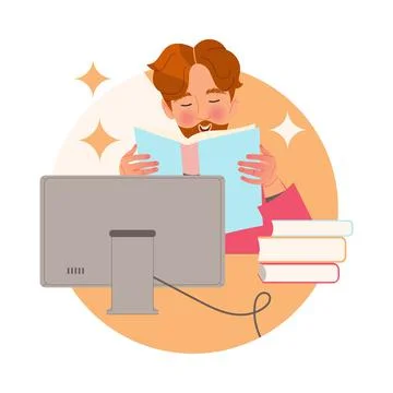 Bearded Man Character Learning Sitting at Desk at Computer and Reading Book Stock Illustration