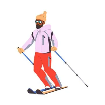 Bearded Man Character Skiing at Mountain Ski Resort in Winter Season Vector Stock Illustration