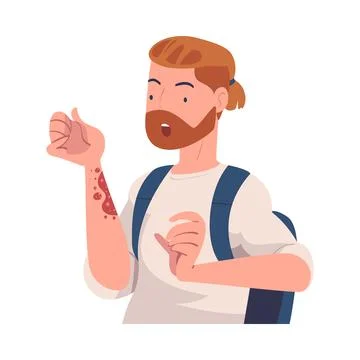 Bearded Man Character with Skin Problem Suffering Scratching Itching Arm Vector Stock Illustration