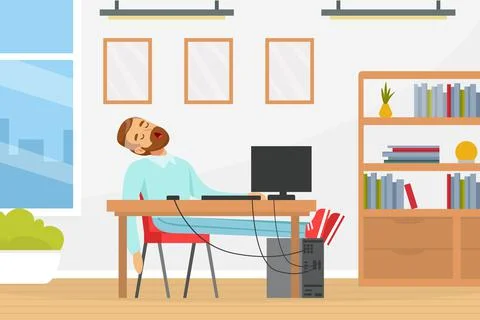 Bearded Man Character Sleeping at Computer Desk with His Head Thrown Back Vector Stock Illustration