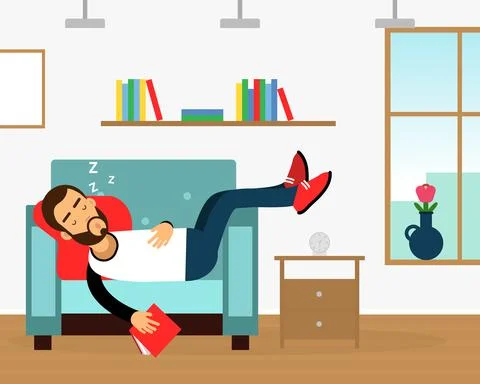 Bearded Man Character Sleeping on the Sofa Vector Illustration Stock Illustration