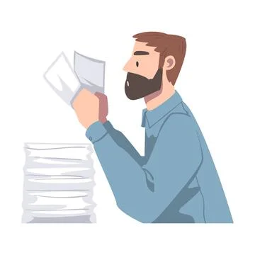 Bearded Man Character Working with Pile of Papers Vector Illustration イラスト素材