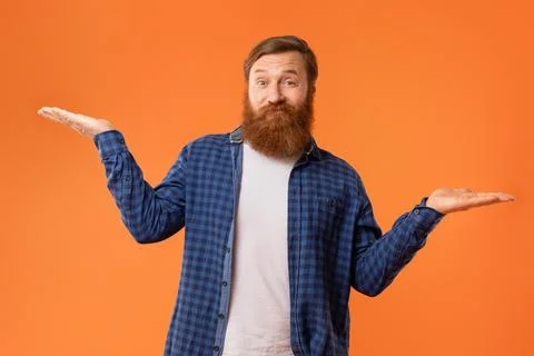 Bearded Man Comparing Options Making Scales With His Empty Hands Stock Photos