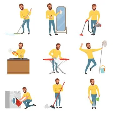 Bearded man with different household chores. Cleaning floor with mop and vacuum Stock Illustration