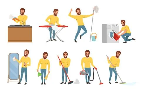 Bearded man with different household chores. Cleaning floor with mop and vacuum Stock Illustration