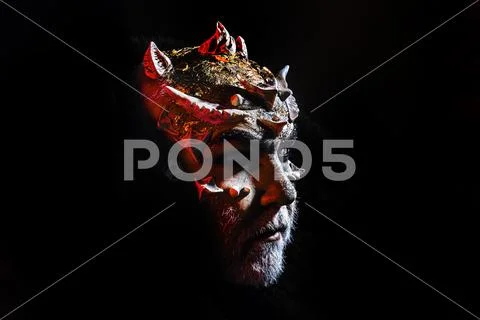 Bearded man dressed like Halloween monster. Halloween art Blood skin man face Stock Photos