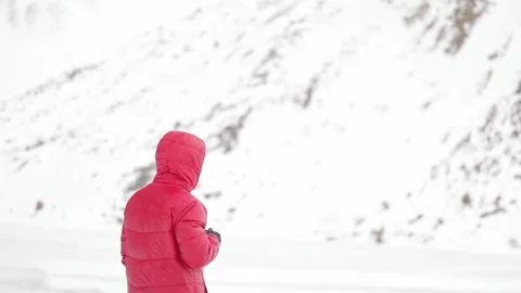 Bearded man drink coffee in winter mountains Stock Footage 164041227