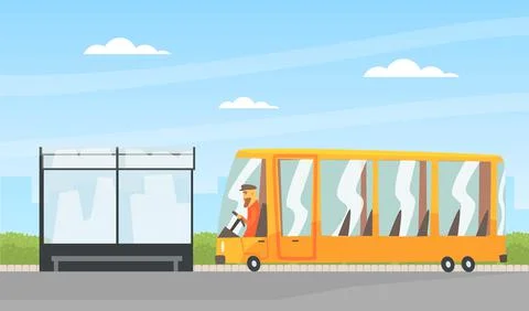 Bearded Man Driving Bus as Public Transport Along the City Road Vector Stock Illustration