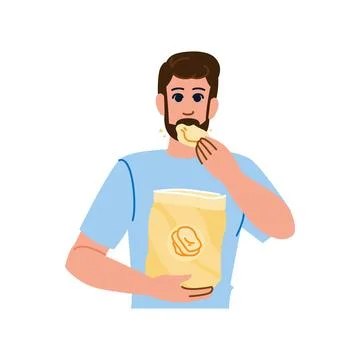 Bearded man eating potato chips from bag Stock Illustration