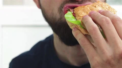 Bearded man eats delicious burger  soft focus Stock Footage 154347827