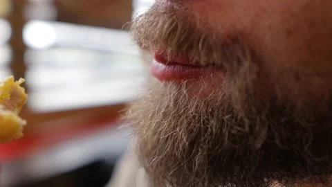Bearded man eats fried chicken in fast food Vídeo Stock 164141545