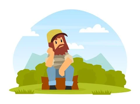 Bearded man farmer sitting on tree log on ntaure cartoon vector 스톡 일러스트