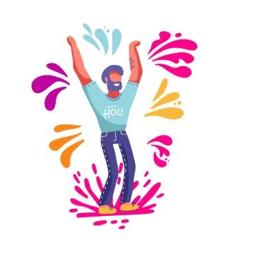 Bearded man having fun throwing colorful splashes on the spring festival of H Stock Illustration